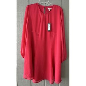 Eva Mendes NY & Co Dress Womens 14 Pink Chiffon Swing Long Sleeve Keyhole